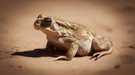 Obraz premium Macro view of a Sonoran Desert Toad resting on sandy terrain in natural sunlight. wildlife magazines, conservation campaigns, designed for wildlife conservation campaigns.