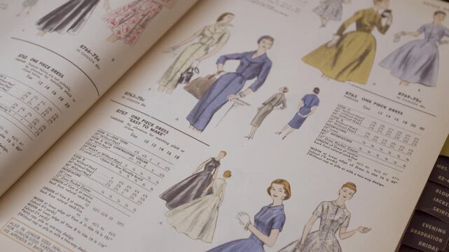 An older fashion magazine featuring hand-drawn dress illustrations and written material lists detailing the fabrics and quantities needed to create each design.