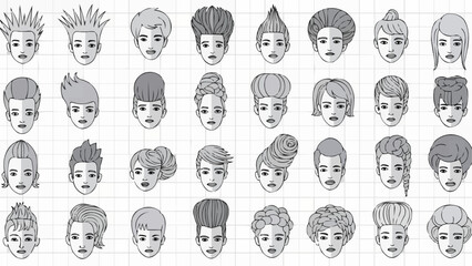 A large collection of hand drawn female faces with diverse hairstyles.