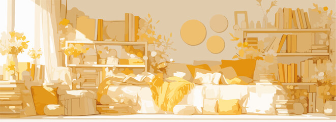 Cozy living room interior with shelves filled with books, plants, and decorative items, bathed in warm sunlight.