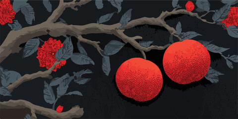 Vector illustration of red fruits and red flowers on a tree branch with dark background.