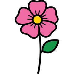 Stylized Pink Flower with Yellow Center and Green Leaf on Black Background Simple Botanical Illustration Flat Design