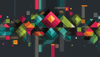 Dynamic vector abstract background with colorful geometric 3D shapes and overlapping elements, ideal for modern technology and creative design projects.