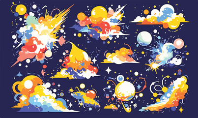 Vibrant abstract colorful explosions and cosmic clouds with stars, vector graphics on dark background.