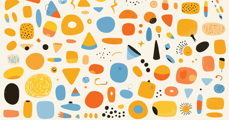 A vibrant collection of abstract vector shapes and organic elements in a playful, modern design pattern with warm colors.