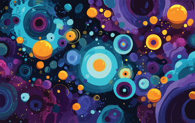 Abstract vector background with colorful circles and swirling patterns in vibrant purples, blues, and oranges.