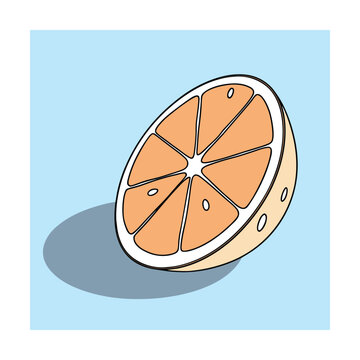 A stylized, handdrawn illustration of a single orange slice, cut in half, casting a soft shadow on a light blue background, perfect for food design