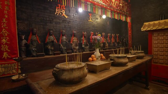 Slow cinematic shot inside the Man mo temple, Hong Kong, China