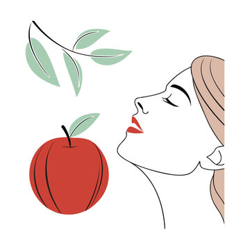 Minimalist line art illustration of a woman smelling a red apple with green leaves, representing freshness, natural beauty, and healthy lifestyle, isolated on