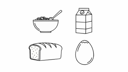 Breakfast Food Items Line Art Illustration Set.