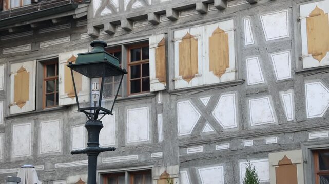 Traditional Swiss house architecture facade with wooden pattern