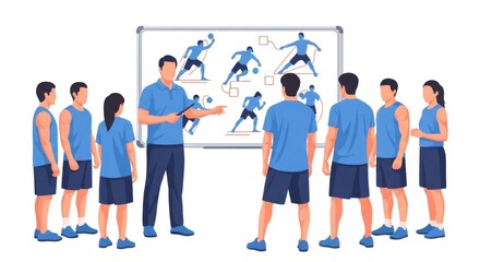 Obraz premium Group of Young Athletes Training in Indoor Sports Facility with Coach and Whiteboard