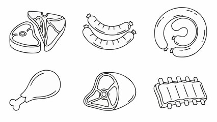 Various Cuts of Meat and Sausages Hand-Drawn Outline Set.