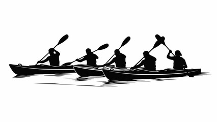 Silhouettes of people kayaking in a row on water.