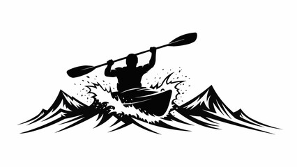 Silhouette of a Kayaker Paddling Through Rapids with Mountains.