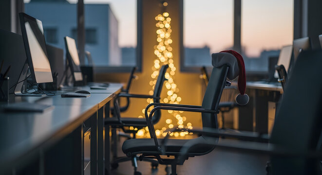 Defocused Christmas tree lights in modern office interior at sunset, warm golden bokeh background with copy space for corporate winter holiday designs - Powered by Adobe