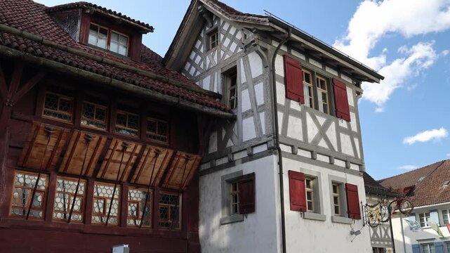 Traditional Swiss architecture, old wooden houses with patterns