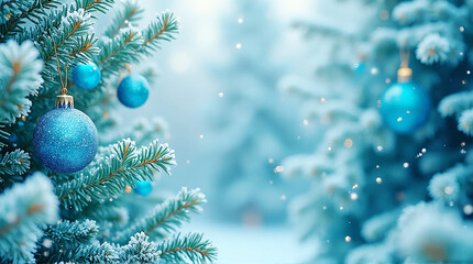 Christmas blue ornaments and spruce tree close up, snow bokeh background. Merry Christmas and Happy Holidays greeting card, frame, banner. New Year. Noel. Winter festive xmas theme
