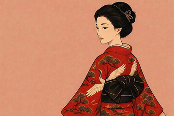 赤い着物を着た古風な女性の和風イラスト