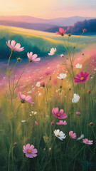 Pink and white cosmos flowers in a sunlit meadow at sunset isolated on a transparent background