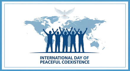 Diverse group of people celebrating international day of peaceful coexistence on world map background