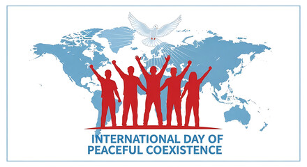 Diverse group of people celebrating international day of peaceful coexistence on world map background