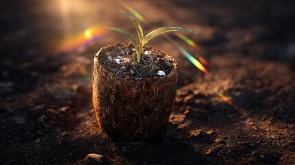 Fototapeta premium Sun-Bleached Biodegradable Coir Seedling Pot Cradling Scorched Tree Plug with Fine Roots in Warm Golden Hour Light