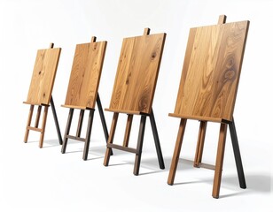 Four wooden easels in a row on white background