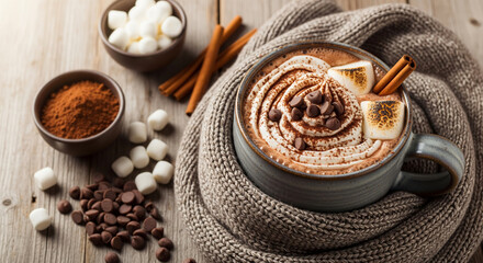A warm and comforting mug of homemade hot chocolate topped with decadent whipped cream, marshmallows, and a cinnamon stick for a cozy treat