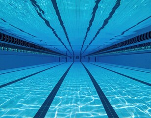 Underwater view of pool lanes, clear blue water, clean