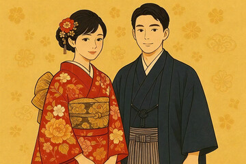 成人式で晴れ着姿の男女が並ぶ和装のベクターイラスト