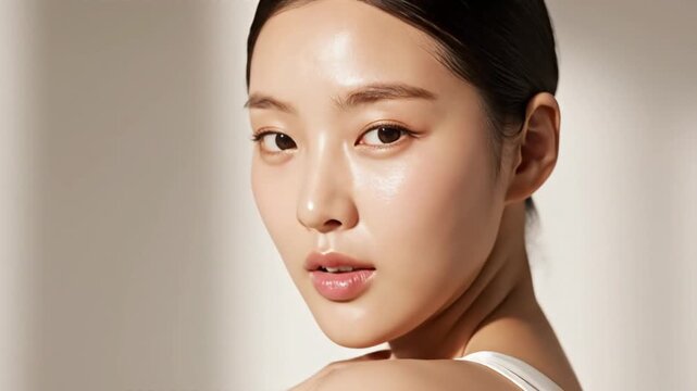 Close-up of a beautiful young Asian woman with glowing skin, natural makeup, and a serene expression.
