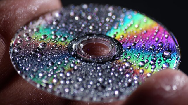 Rain-Soaked Blank CD-R Pinched Between Fingers, Captured in Macro Perspective with Shimmering Water Beads and Iridescent Diffraction