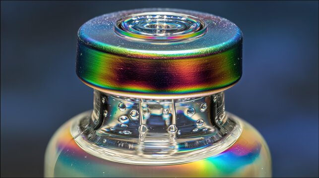 Macro Shot of a Colorful Glass Vaccine Vial with Translucent Cap and Bubbles, Captured in Vivid Polarized Light
