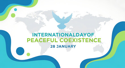 International day of peaceful coexistence january 28th with world map and dove symbol