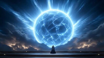 Mystical blue orb radiating energy with a lone figure observing