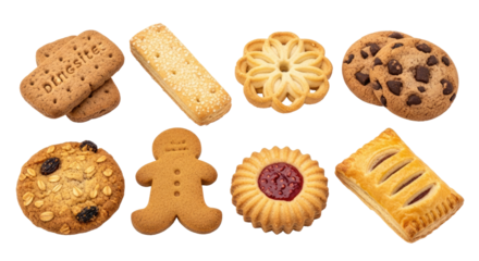 A variety of cookies and biscuits on a png transparent