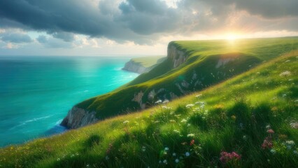 A coastal vista featuring a sunlit cliffside, turquoise waters, and dramatic cloudy sky