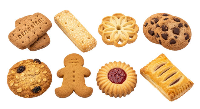 A variety of cookies and biscuits on a png transparent