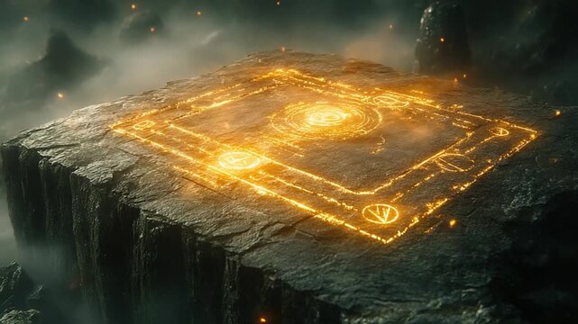 Ancient glowing symbols on rocky surface in mist