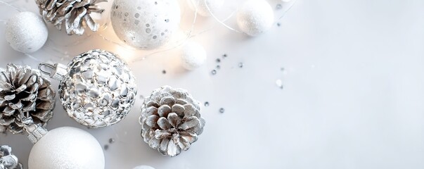 Obraz premium Silver-toned Christmas Ornament Balls with Pinecones String Lights Shiny Elements Minimalist White Background Festival Design Material 