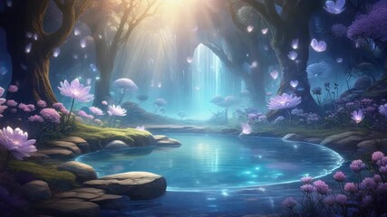 Enchanting mystical forest with a glowing pond, surrounded by luminous flora and ethereal light rays streaming through the canopy, creating a magical fantasy landscape. - Powered by Adobe