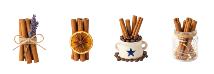 Cinnamon sticks tied with twine, a dried orange slice, coffee beans, and a decorative cup with a blue star on it.