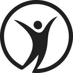 A black silhouette of a person with arms raised inside a circular frame