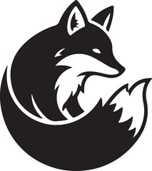 A minimalist black and white illustration of a fox head and curled tail