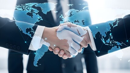 A business handshake with a digital world map overlay representing global partnerships and international agreements