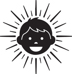 A simple black and white icon of a child s face with sun rays