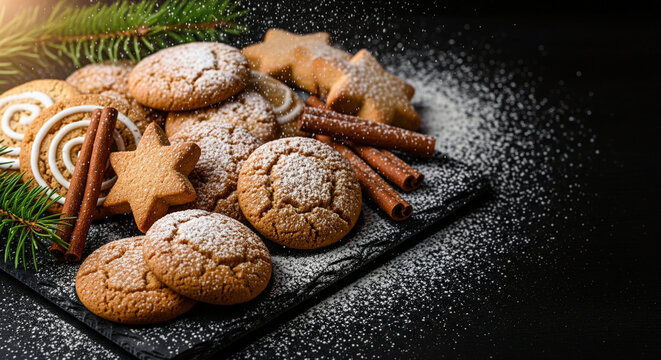 Delicious assortment of homemade Christmas cookies, including gingerbread stars and crinkles, dusted with powdered sugar on a festive dark slate
