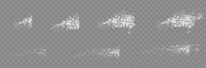 Sugar or salt powder piles set isolated on transparent background. Vector realistic illustration of white dry substance scattered on surface, ground food seasoning,