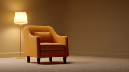 Cozy orange armchair beside warm lamp in minimalistic living room with soft carpet and neutral wall colors, creating a serene and inviting atmosphere